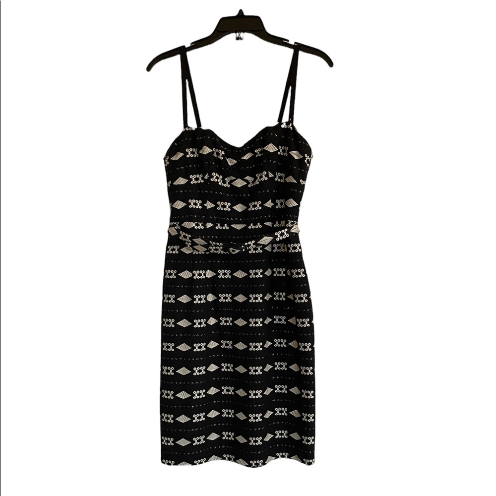 NANETTE LEPORE Black and White Embroidered Spaghetti Strap Dress with Belt